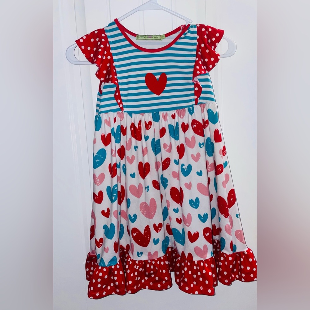 Millie Loves Lily Girls Heart Print Boutique Red Polka Dot Ruffle Twirl Dress